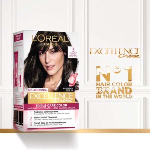 L'Oreal Paris Excellence Creme Hair Color, 3 Dark Brown, 72ml+100g - Image 3