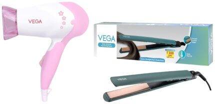 Vega Salon Smooth Hair Straightener for Women with Ceramic Coated PlatesGreen & VEGA Insta Glam Foldable 1000 Watts Hair Dryer With 2 Heat & Speed Settings,
