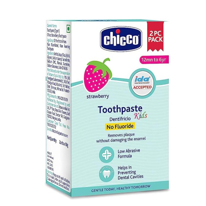 Chicco Toothpaste for Kids, Best for Baby (1y-6y), Strawberry Flavour, 50g (Pack of 2) | Fluoride-Free & Low Abrasive | Removes Plaque, Helps Prevent Cavities | IDA Accepted