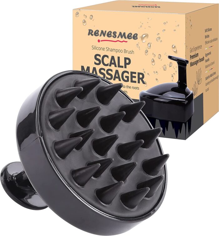 Renesmee Hair Scalp Shampoo Head Massager Brush, Exfoliator for Dandruff Removal, Waterproof Shower Scrubber Growth, Soft Silicone Bristles (Black)