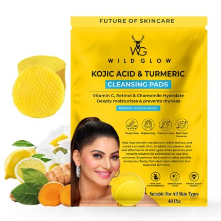 WILDGLOW Turmeric & Kojic Acid Face Cleansing Pads for Dark Spots, Skin Brightening, Acne & Makeup Removal | Vitamin C, Retinol & Chamomile Hydrolat | Women & Men | All Skin Type | 40 Pads Pack of 1