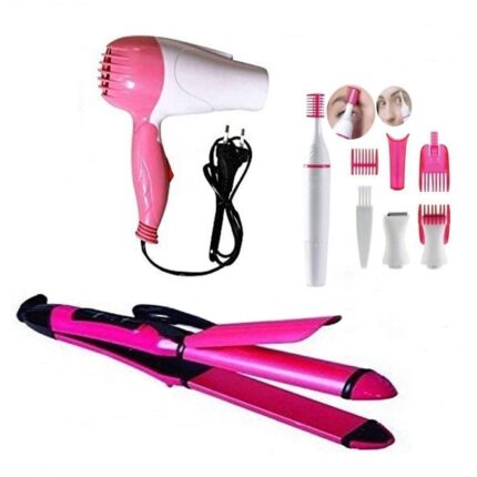 2 IN 1 Hair Straightener & Curler, 1200W Hair Dryer Hot/Warm and Hair Trimmer For Women | Gift Combo for Girls Friend (Multicolored) (Pack of 3)