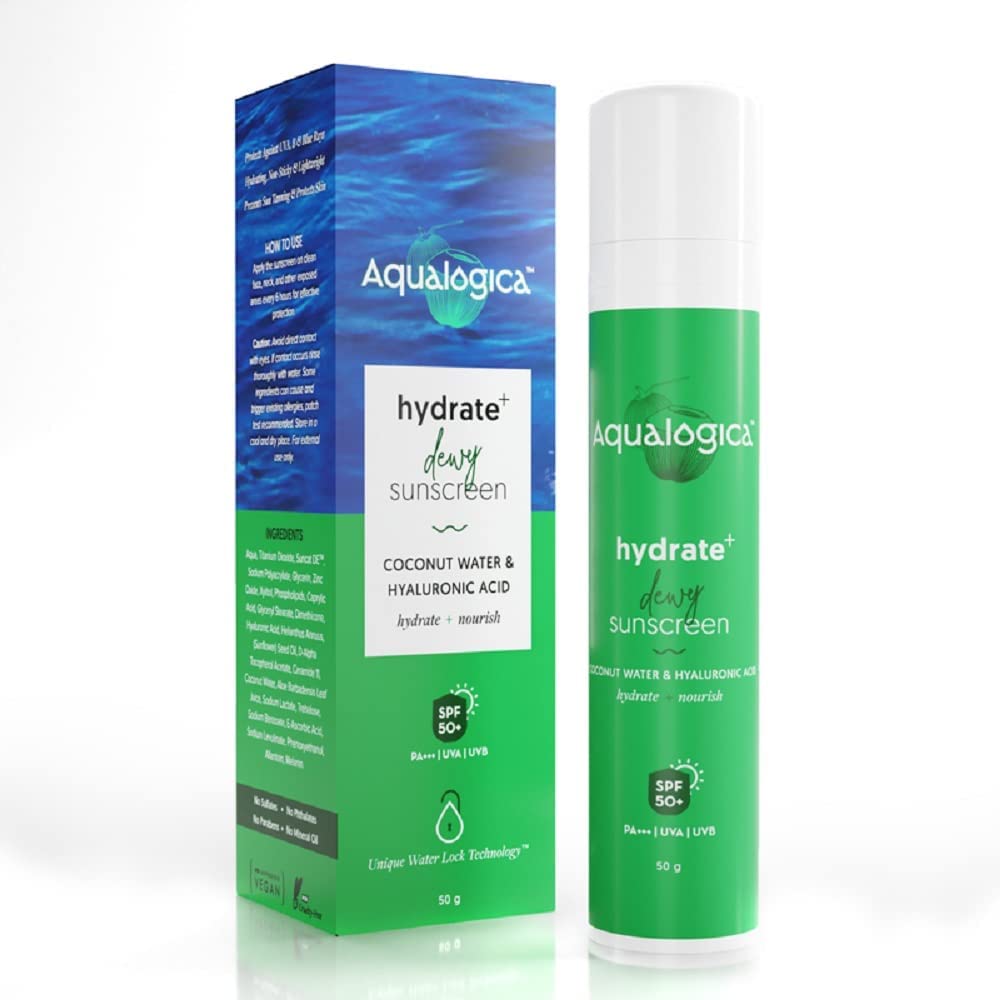 Aqualogica Hydrate+ Dewy Sunscreen SPF 50 PA+++ 50g | UVA/B & Blue Light Protection for Men & Women | For Oily, Combination & Dry Skin | Fragrance-Free Aqualogica Hydrate+ Dewy Sunscreen SPF 50 PA+++ 50g | UVA/B & Blue Light Protection for Men & Women | For Oily, Combination & Dry Skin | Fragrance-Free