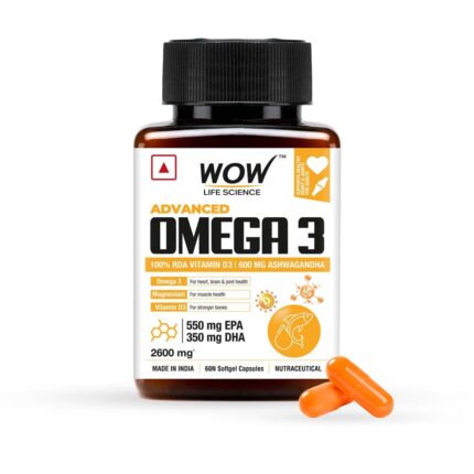 WOW Life Science Advanced Omega 3 Capsule for Men & Women with 100% RDA Vitamin D, Ashwagandha, Magnesium, Vitamin B6 & B12 |For Muscle, Joints, Heart -2600mg (550mg EPA:350mg DHA) – 60 Capsules