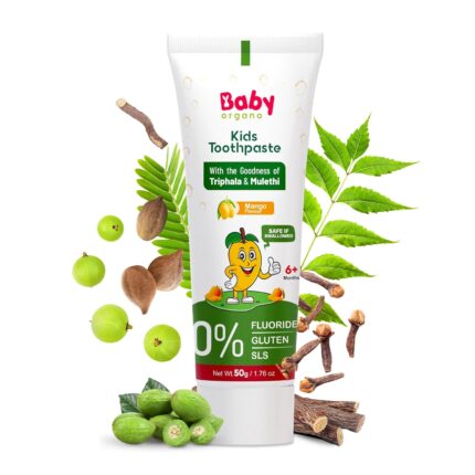 BabyOrgano Kids Toothpaste | 100% Ayurvedic | Non Gel Formula | goodness of Babool and Mulethi | Mango Flavour | Fluoride & SLS Free | FDCA Approved – 50gm (Pack of 1)